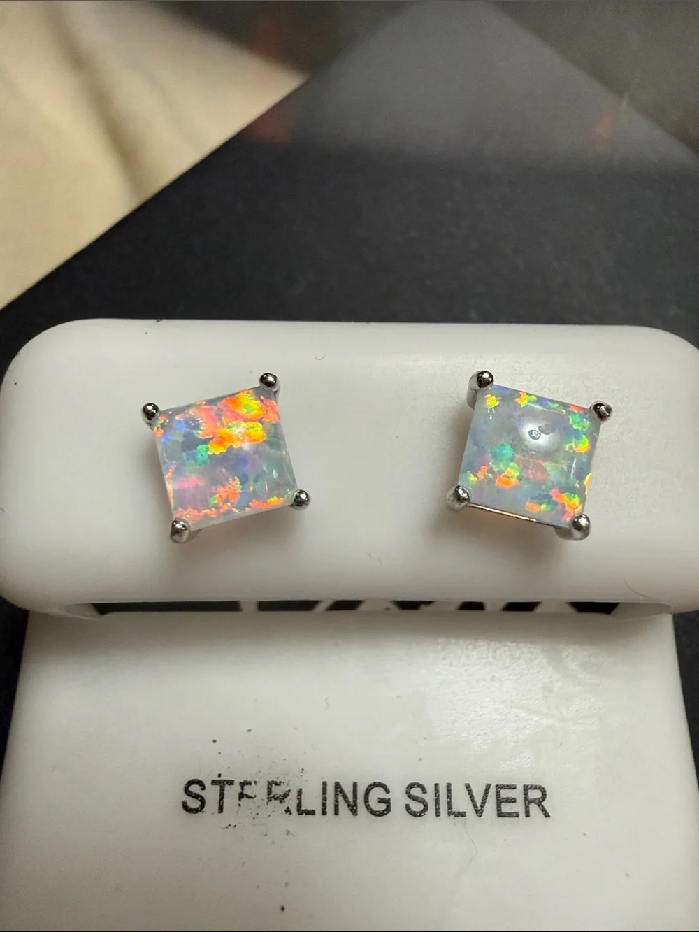 925 Sterling Silver Square White Opal Stud Earrings NEW BEAUTIFUL